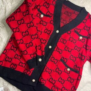Red and Black Cardigan with Logo Pattern